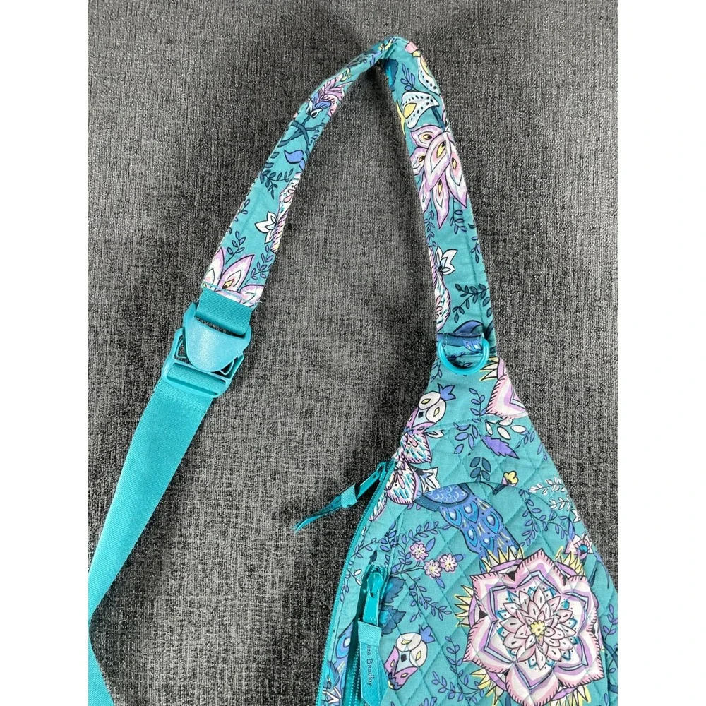 Vera Bradley Teal Peacock Floral Quilted Cotton Sling Backpack Crossbody Bag